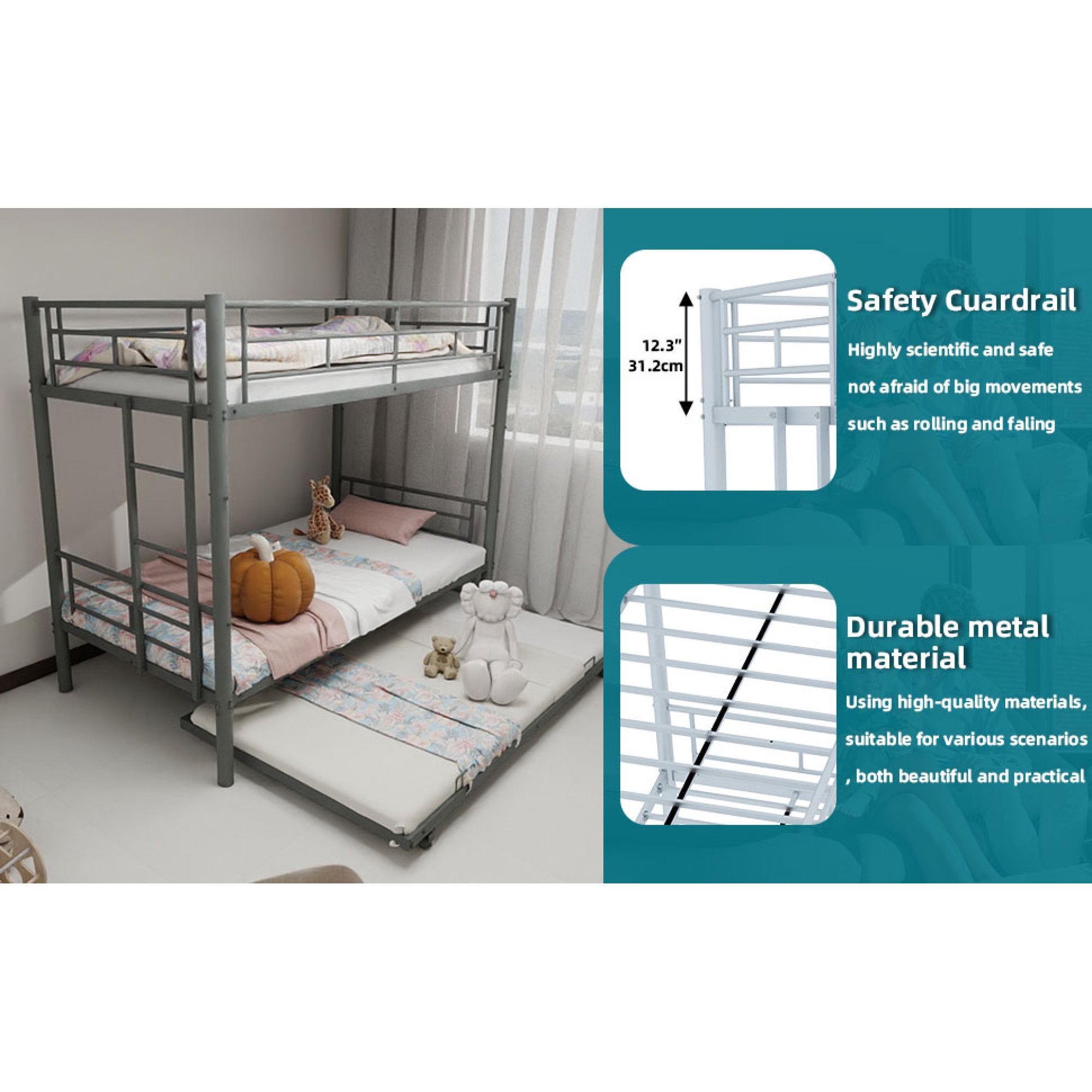 Twin over Twin Bunk Bed with Trundle,Heavy Duty Metal Bed Frame with Sturdy Guardrail for Kids/Adults,Noise Reduced,Silver