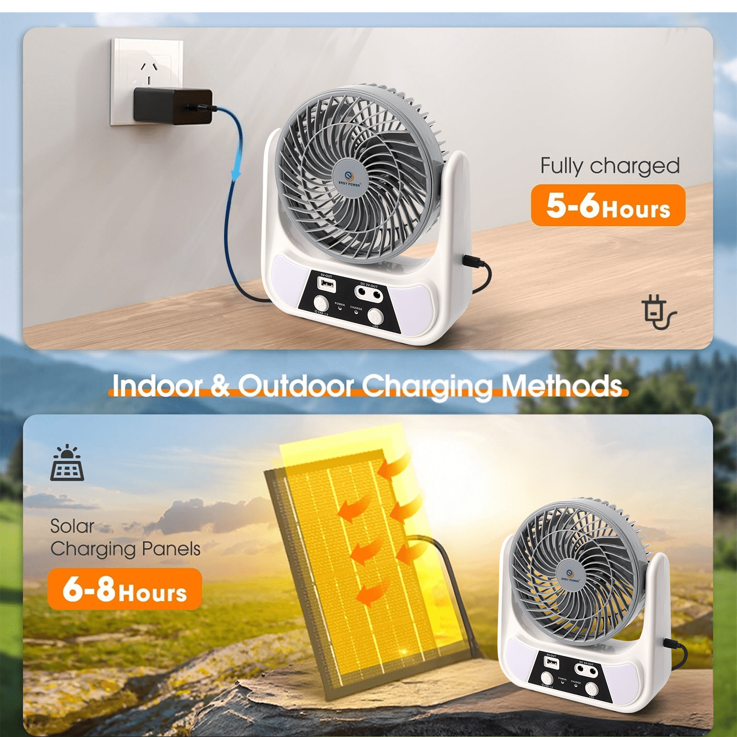 PUCACHI Cooling Solar Camping Fan with LED Lantern | 6-inch Portable, Dual Solar/USB-C Charging Battery Powered for Outdoors