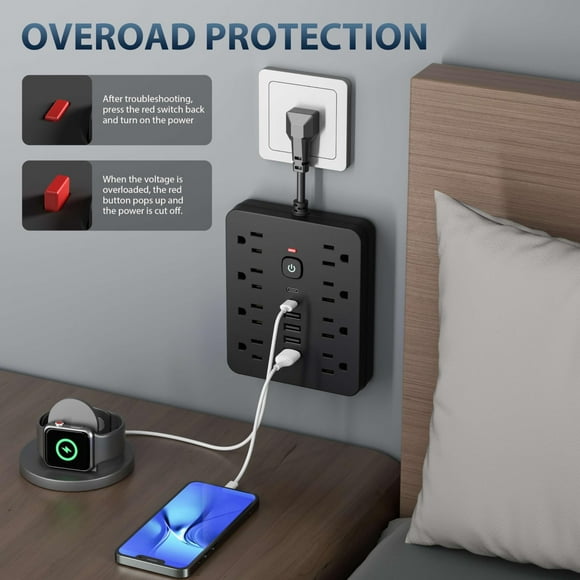 YFKFYTG Smart home,14-in-1 Multi-Function Power Board with and Surge Protection Comes with 8 Power Outlets 4 USB and 2 Type-C Power Outlets for Office Home and Travel