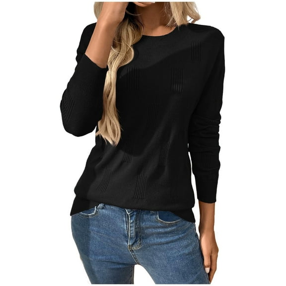 FRSASU Women's Spring Lightweight Sweater Shirt Solid Color Long Sleeve Round Neck Knitted Tunic Pullover Tops Black S(S)