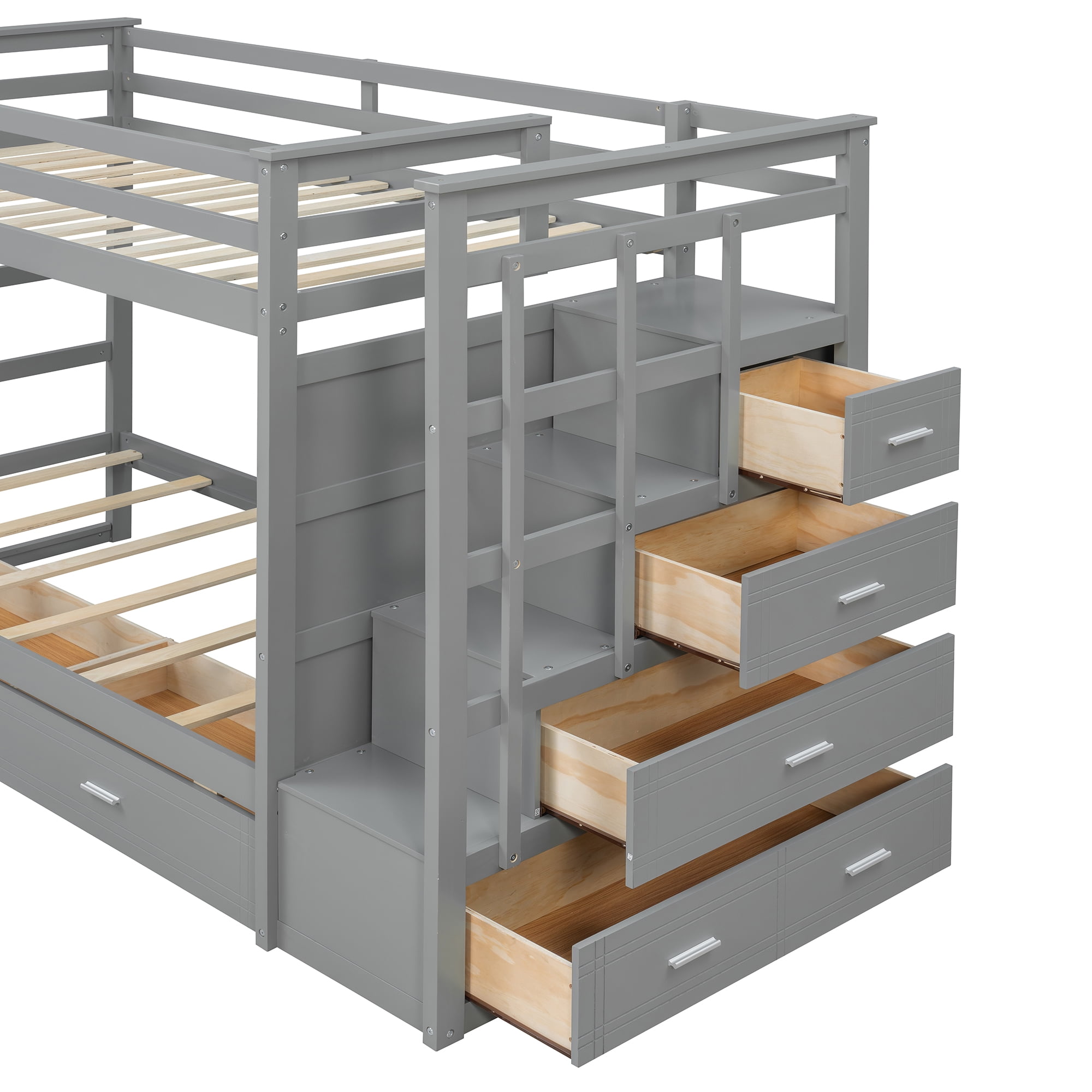 Aukfa Twin over Twin Bunk Bed with 7 Storage Drawers, Wood Bunk Bed with Staircase, Space Saving Design for Kids Bedroom, Gray