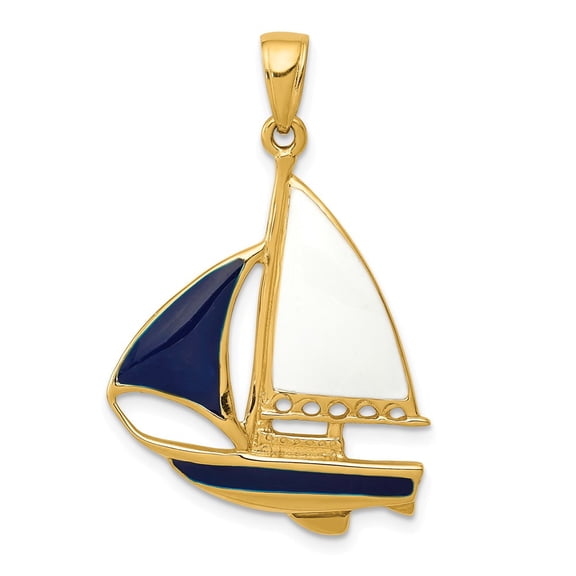 14k Yellow Gold 2-D Blue and White Enameled Sailboat Pendant Charm
