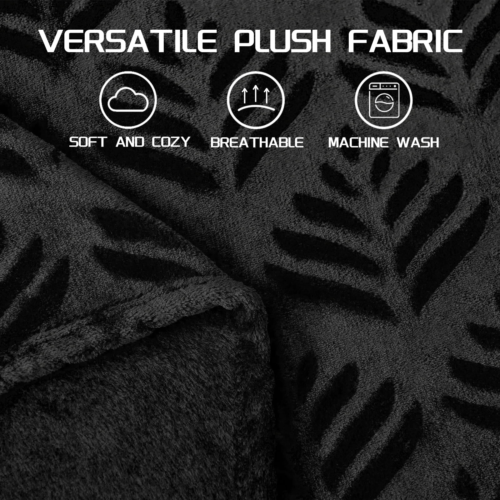 Exclusivo Mezcla King Size Fleece Blanket for Bed, Leaves Pattern Super Soft and Cozy Blankets, Plush Fuzzy Lightweight, Black, 90"x104"