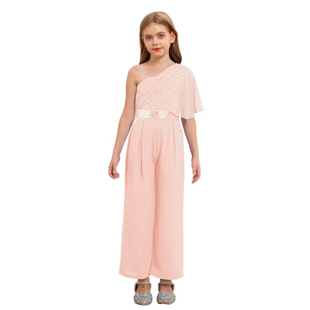 TiaoBug Girl's Ruffled One Shoulder Jumpsuit Shiny Pearls Beaded Wide Leg Pants One Piece Summer Outfits Pink 8