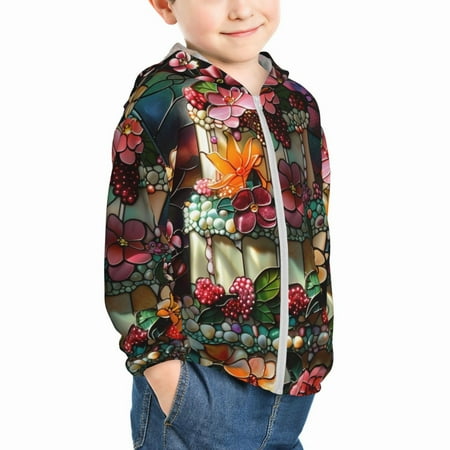 

Uemuo Stained Glass Floral Cake Pattern Rash Guard for Boys Girls Long Sleeve Swim Shirts UPF 50+ UV Sun Protection Hooded Fishing Shirt with Pocket for Kid-5 Years