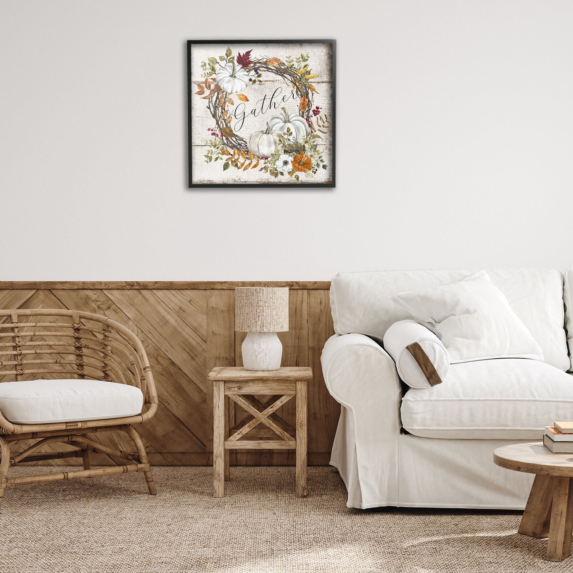 Stupell Industries Gather Autumnal Wreath Holiday Painting Black Framed Art Prints Wall Art, 24 x 24