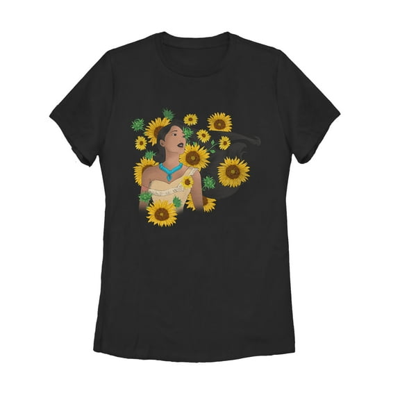 Women's Pocahontas Basking In A Forest Of Sunflowers Graphic Tee Black 2X Large