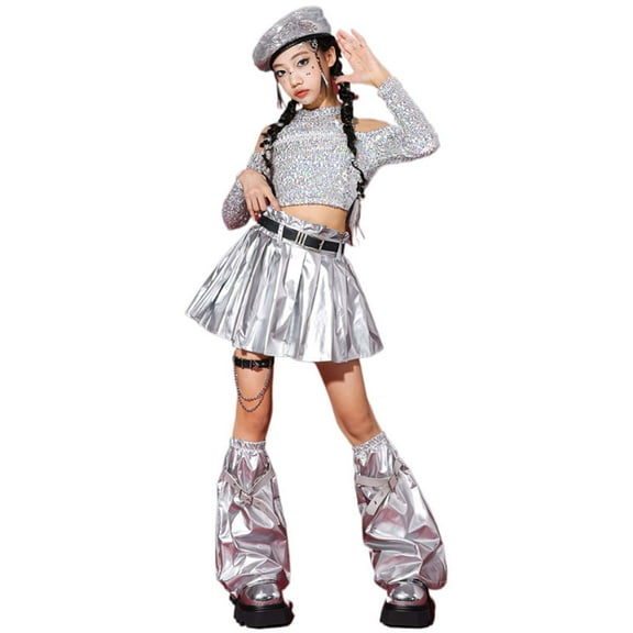 CUZIBR Girls Tops Jazz Dancewear Sequins Shirts Off The Shoulder Long Sleeve Round Neck Crop Top For Teens Performance Sparkly Streetwear Fitted Blouse,Light Gray,3-4 Years