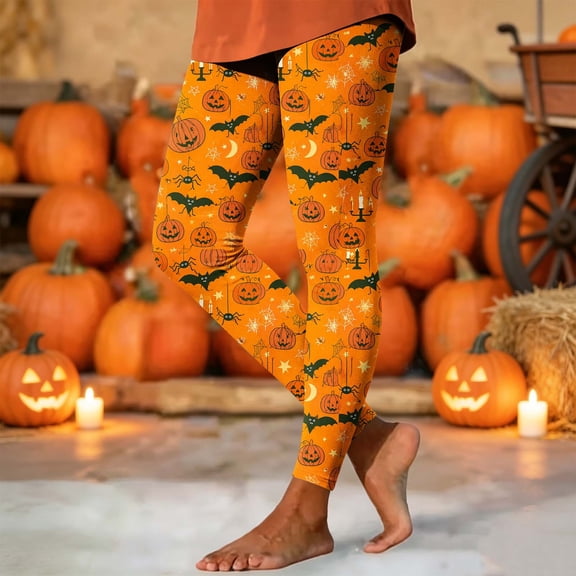 AVRNLIQ Womens Hall-oween High Waisted Pumpkin Bat Print Stretch Leggings White,Size 3XL