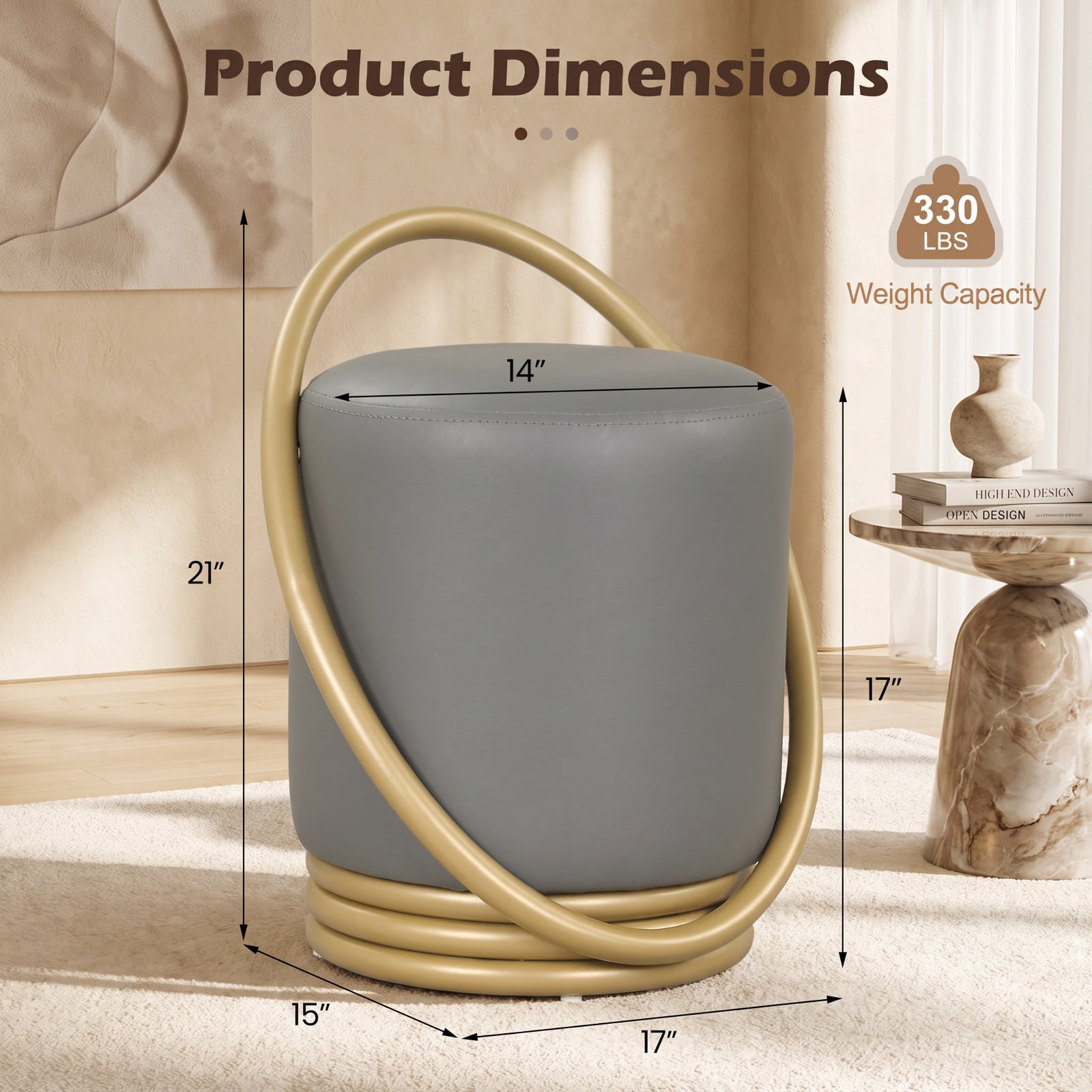 Furnibear Round Vanity Stool with Faux Leather Seat Gold Halo Design Rubber Wood Support and Adjustable Foot Pads for Makeup Room and Bedroom, Grey