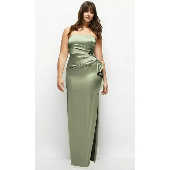 Sage Strapless Draped Bridesmaid Dresses Satin Maxi Dress with Cascade Ruffle