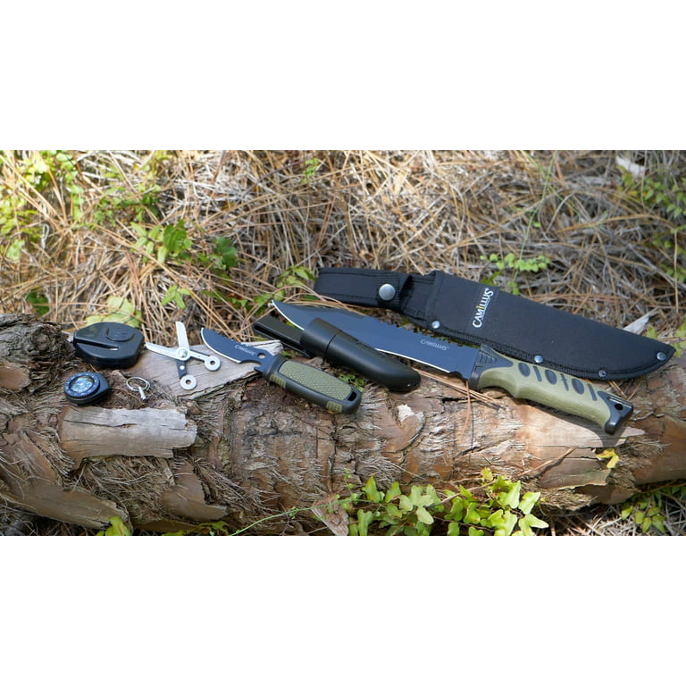 Camillus Survival Pack, Machete, 5.7 Fixed 2.5 Blade Knife, Sheath,  Compass, Sharpener, Scissors, Green 