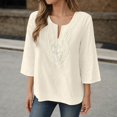 thumbnail image 3 of 3/4 Length Sleeve Womens Tops 2026 Spring Summer Cotton Linen V Neck Lace Oversized Boho T Shirts Blouse, 3 of 6