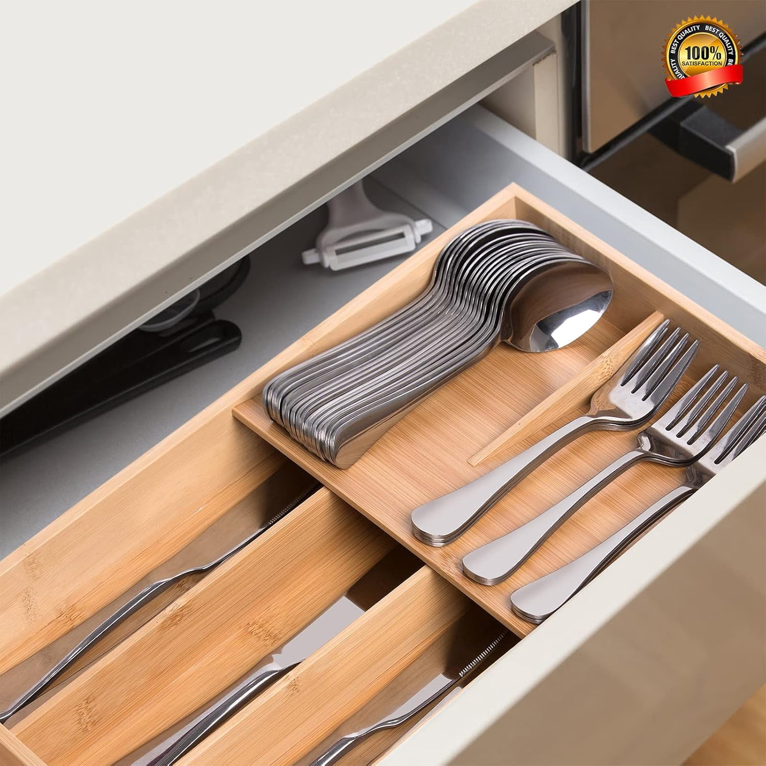 AllWays Plaza Bamboo Silverware Organizer, Kitchen Silverware Drawer Organizer, Utensil Tray Holder, Cutlery Tray for Spoons, Forks, Knives