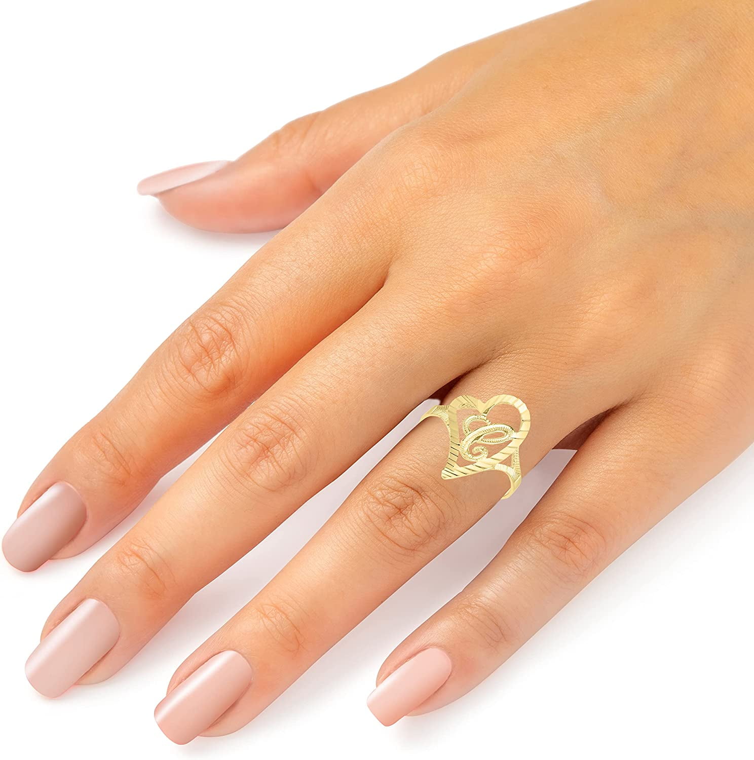 Floreo 10k Yellow Gold A-Z Cursive Letter and Heart Initial Ring, Small Heart (0.7")