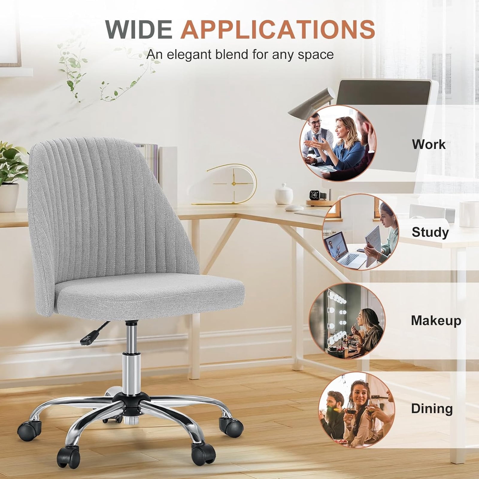 Casabay Armless Office Chair, Extra Cushion Padded Compact Upholstered Desk Chair with Back Support, Rolling Swivel Vanity Chair for Home Office, Gray