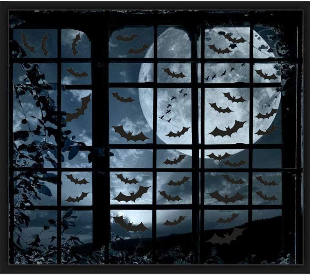 Scary Funny Party Celebration 6 Sizes Set Window Clings Wall Decal Decor for Kids Room ERS 72PC 3D Bats Sticker Halloween Decoration bright black 