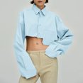 thumbnail image 2 of BLVB Women Button Down Turn Down Collar Crop Shirt Long Sleeve Loose Irregular Fashion Crop Blouse Tee Shirts Top, 2 of 7