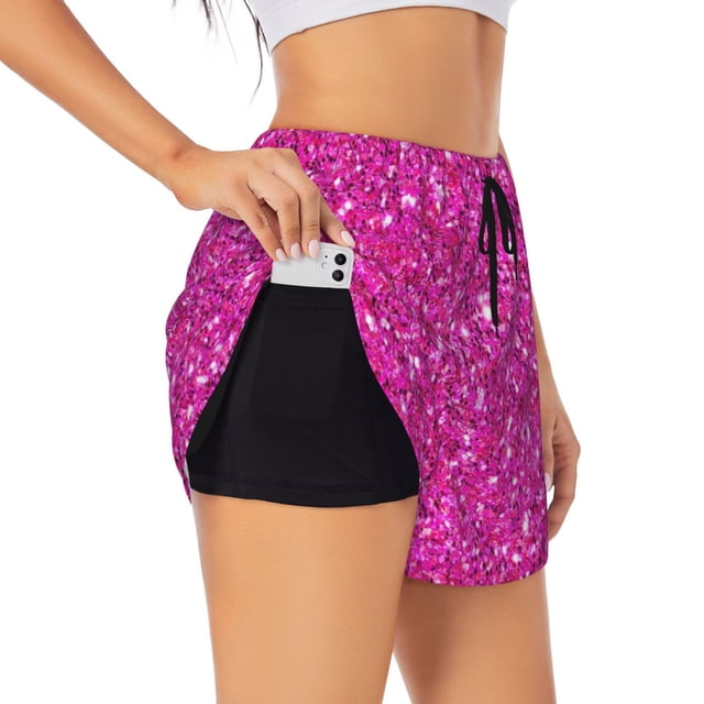 Balery Rose Red Glitter Pantalones cortos deportivos para mujer con forro y dos bolsillos, elásticos, para entrenamiento, gimnasio, yoga-Medium