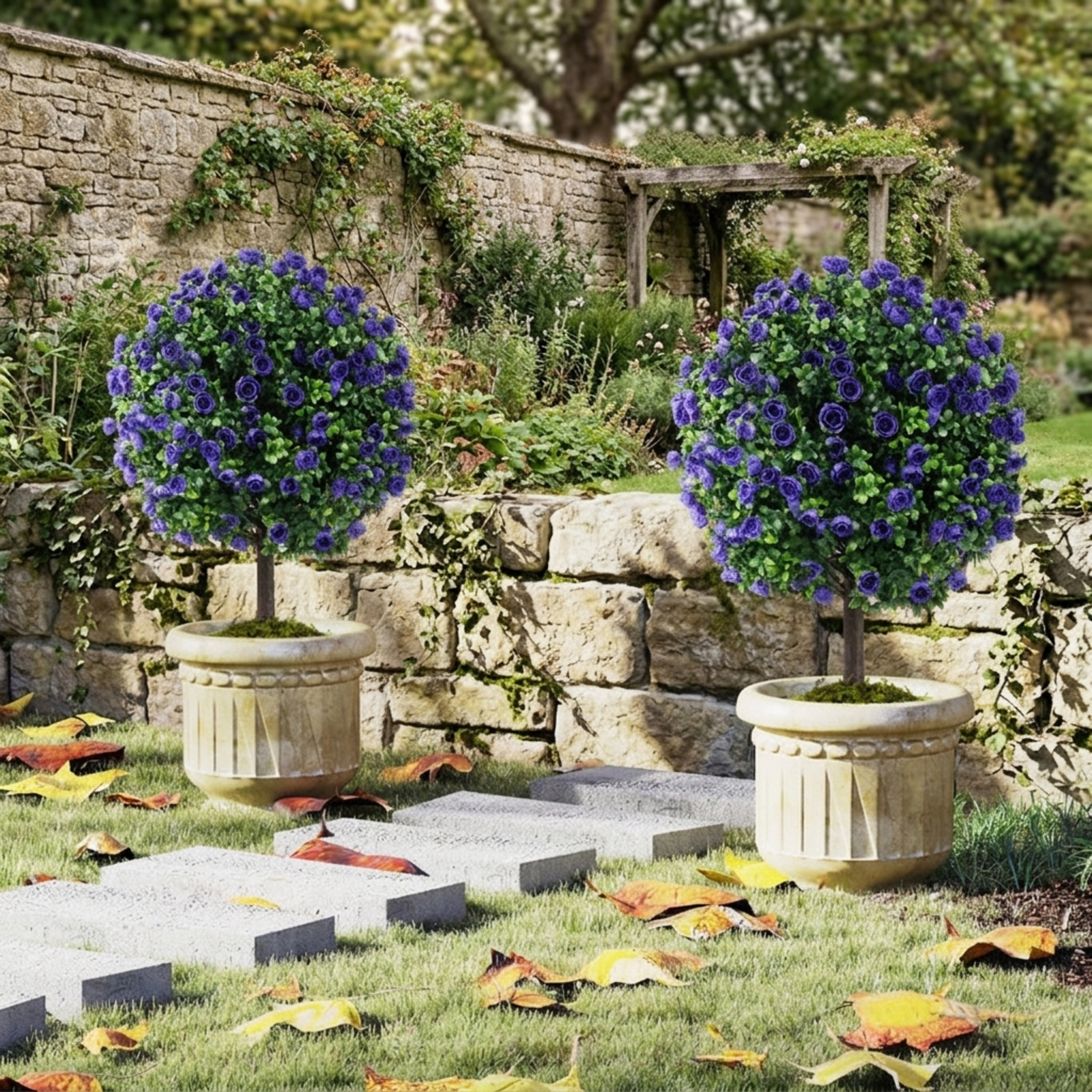 Vebreda Artificial Plant Decor, 22 Inch Set of 2 Artificial Purple Rose Topiary Ball Trees with Cement-Filled Pot, Lifelike Design