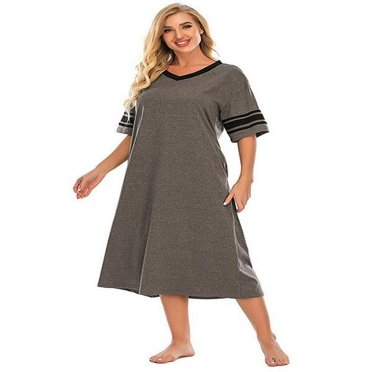 Women‘s Large Size Nightgown  Cotton Novelty Sleepshirts V Neck Short Sleeve Sleep Shirt Loose Comfy Pajama Sleepwear S-XXL