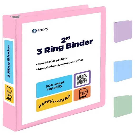 Enday 3 Ring Binder, Round Ring Pastel With Clear View Cover for Letter Size 8.5 x 11'' Paper & 2 Inside Pockets 2-Inch Pink