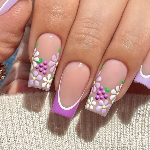 Medium Square Press on Nails White French Tip Fake Nails with Glitter Sequins Design Nails Press ons Nude Full Cover False Nails Glossy Acrylic Nails Winter Glue on Nails for Girls 24Pcs White Nude
