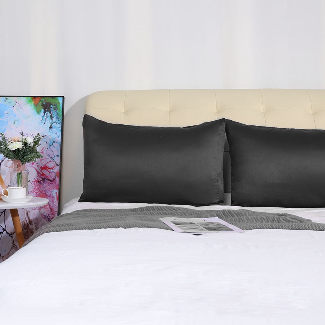PiccoCasa 4 Pack Silk Satin Pillowcases Envelope Pillow Covers Queen Black
