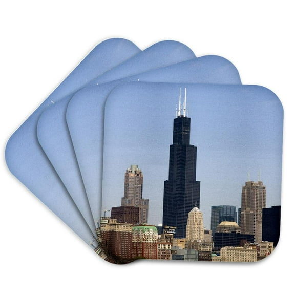3drose, Willis and Sears Tower, Chicago River, Il - Us14 Dfr0095 - David R. Frazier, Set of 4 Coasters - Soft
