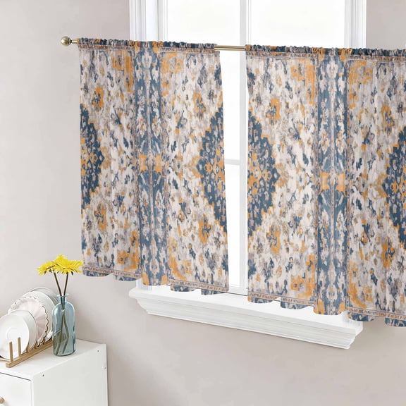Boho Chic Ethnic Semi Sheer Window Curtains 54 Inches Long, Orange Blue Vintage Tribes Rod Pocket Voile Silky Chiffon Curtain Light Filtering Drapes for Living Room, Kitchen, 52"x54", 2 Panels