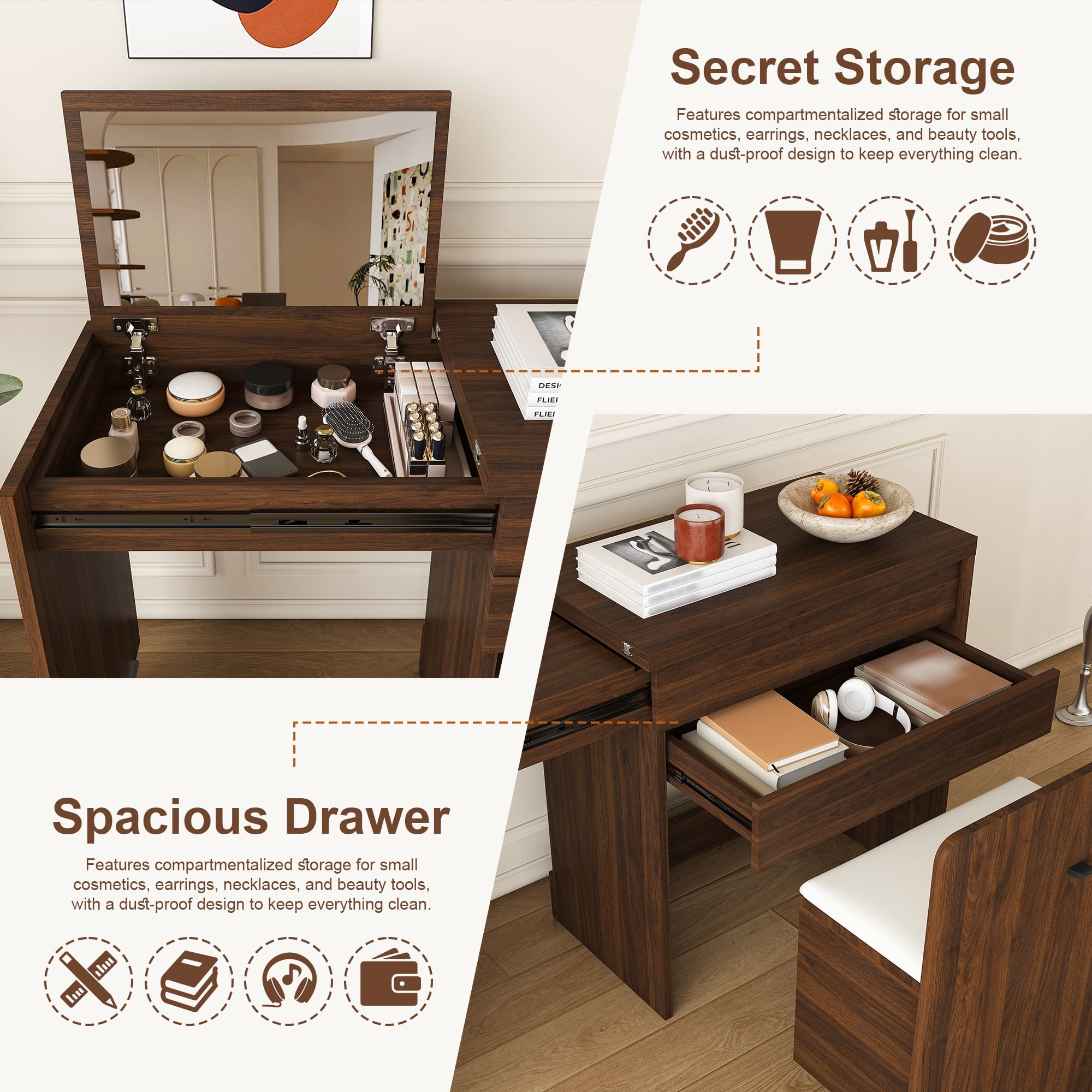Multi-functional stretching desk, 47-inch foldable desk, makeup table with mirror, has 3 usage modes, equipped with storage function stool, suitable for bedroom, apartment (Walnut)