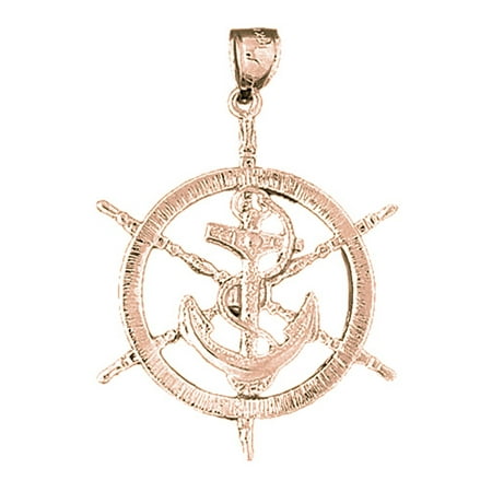 14K Rose Gold Ships Wheel With Anchor Pendant - 43 mm