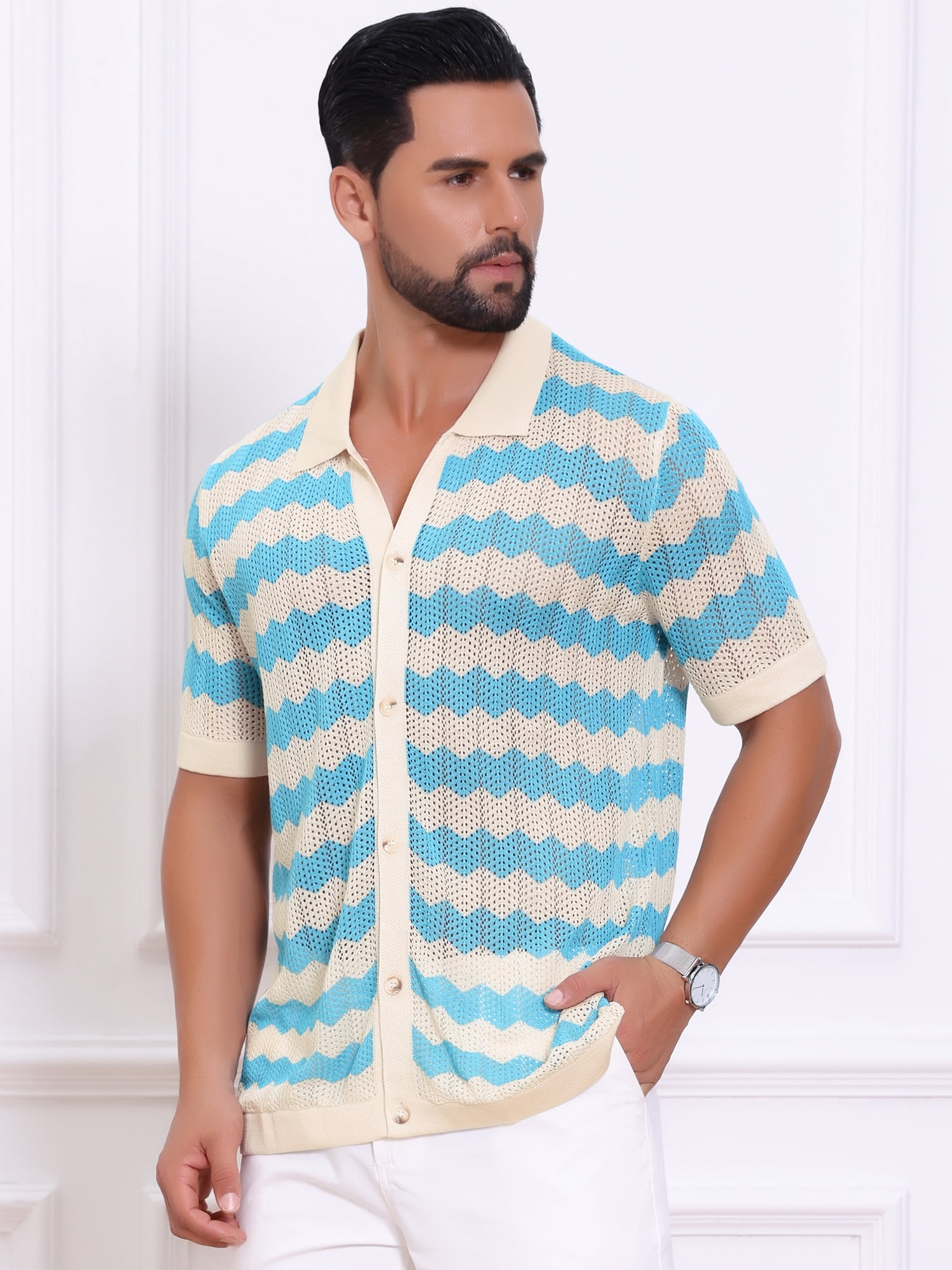 DARING DIVA Men's Wave Crochet Hollow Out Button Down Striped Shirts S Blue