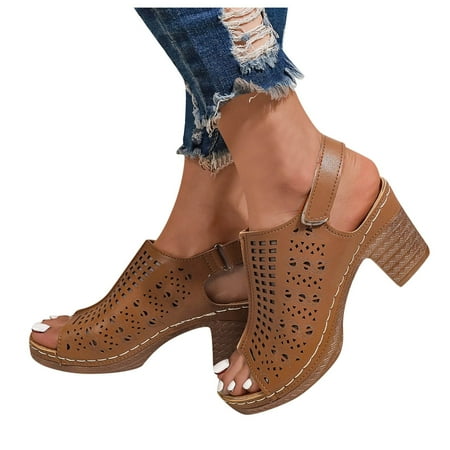 ZHAGHMIN Flip Flops Comfortable Thong Sandals Size7 Hollow Leather High Heel Open Toe Sandals for Women Buckle Strap Heels Beach Roman Sandals Brown