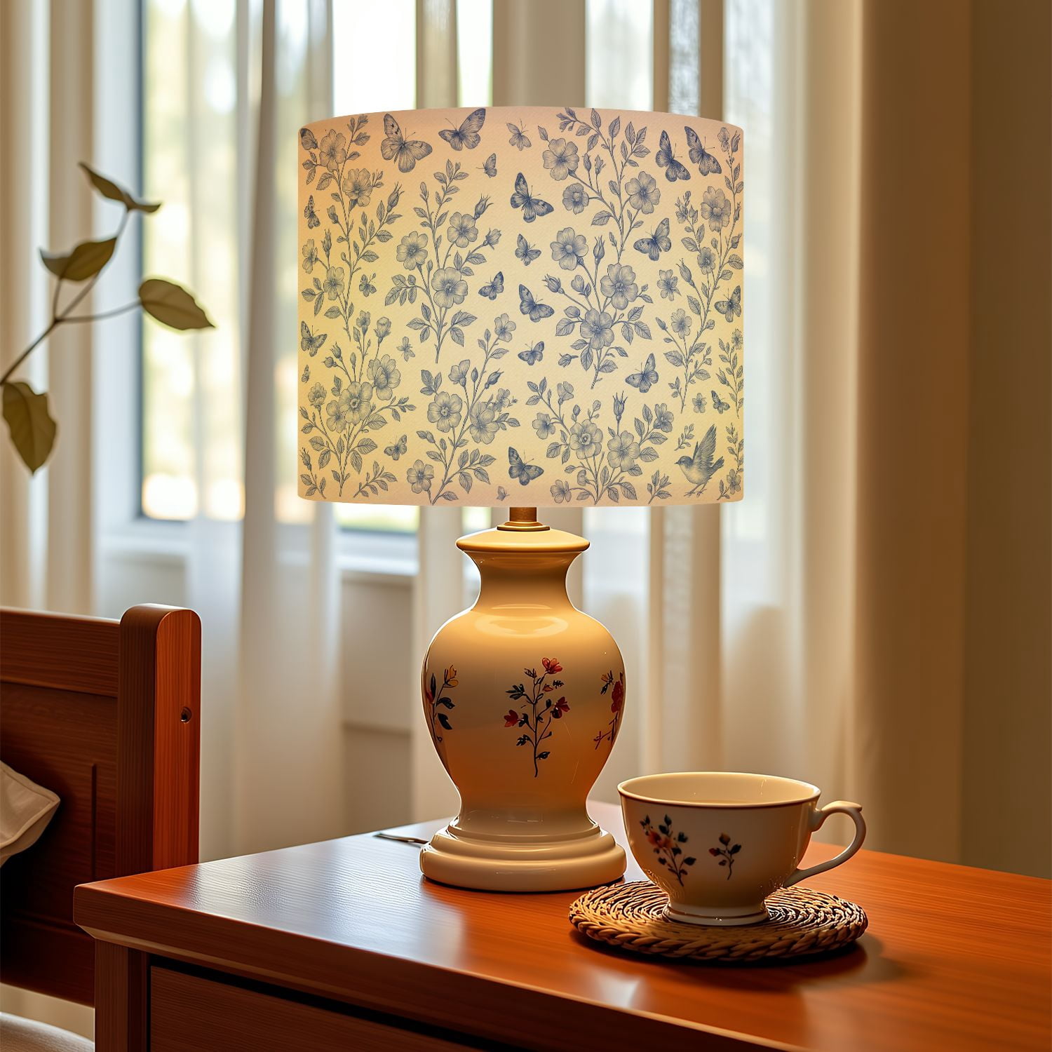 Linen Drum Lampshades Vintage floral Seamless Wild Roses butterflies Blue white 13"x13"x10" Light Shade for Table Lamps Floor Lamps Drum Lamp Shades Lampshade Replacement Assembly Required
