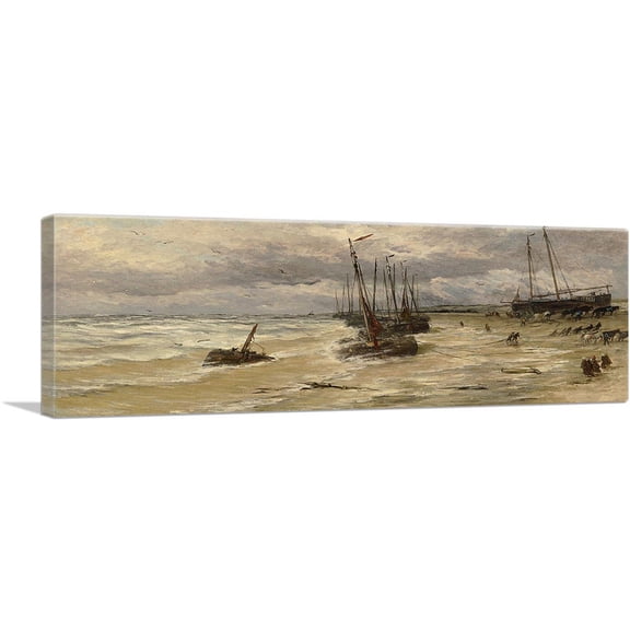ARTCANVAS Beach With Bombs And Horses 1895 Canvas Art Print by Hendrik Willem Mesdag - Size: 36" x 12" (1.50" Deep)