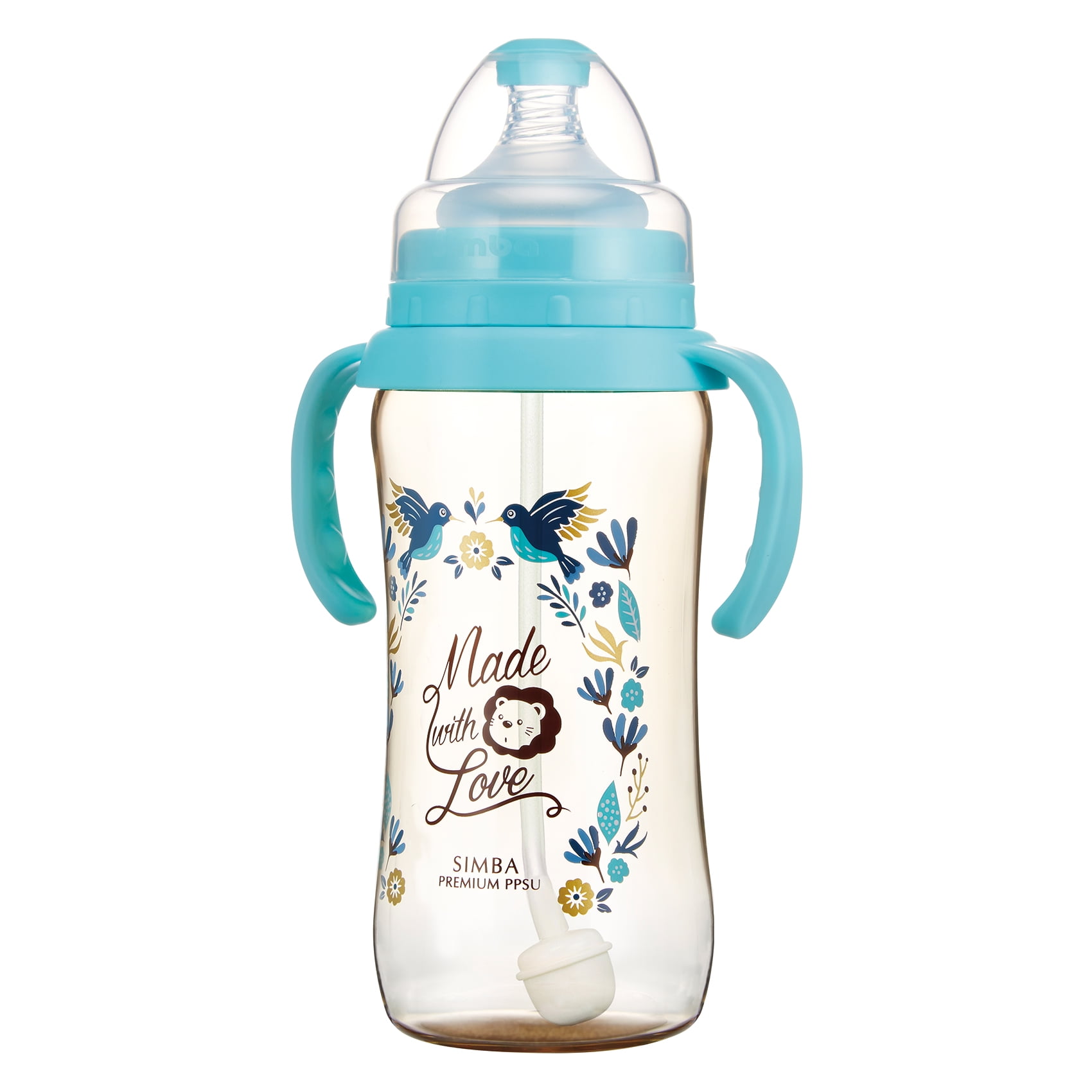 XIRQI  12 oz PPSU Wide Neck Feeding Bottle with Handle and Weight Straw (Blue, Stage 1 Nipple)