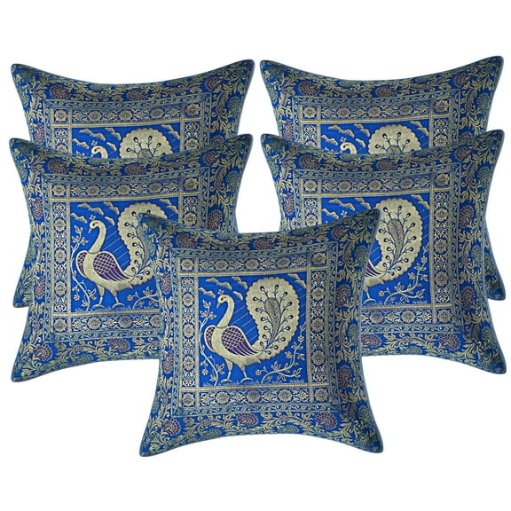 Stylo Culture Indian Sofa Brocade Turquoise And Gold Throw Pillow Covers 16x16 Jacquard Weave Banarasi Decorative Sofa Pillow Covers Dancing Peacock Floral 40x40 cm Cushion Covers (Set Of 5)