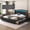Black, variant on E-Motie Full Bed Frame with LED Lights and 4 Storage Drawers, PU Leather Wingback Upholstered Platform Bed, Charging Station, Modern Faux Leather Headboard, No Box Spring Needed, Black