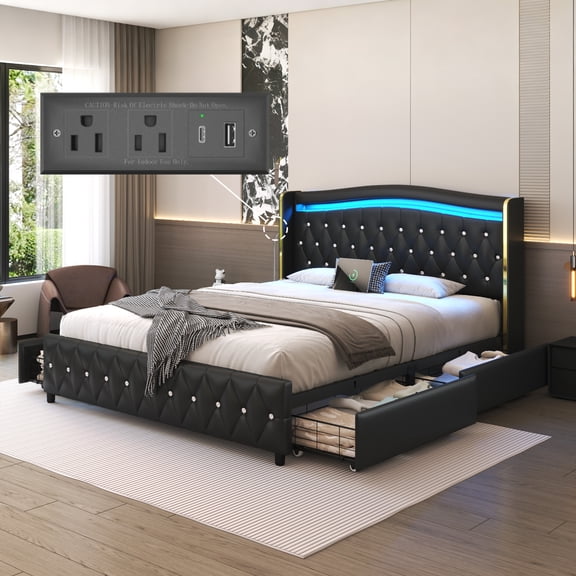 E-Motie Full Bed Frame with LED Lights and 4 Storage Drawers, PU Leather Wingback Upholstered Platform Bed, Charging Station, Modern Faux Leather Headboard, No Box Spring Needed, Black