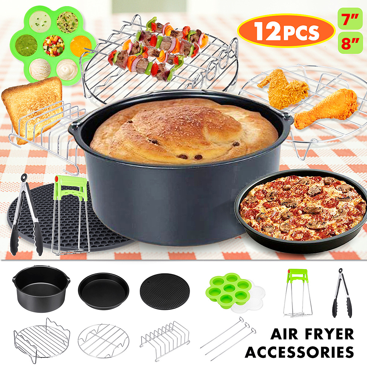 Suitable for air Fryer Accessories of 5.2-5.8QT with Non-Stick Coating KEBEIXUAN Air Fryer Accessories 8 inch 10-Piece Set Gold, 8IN 