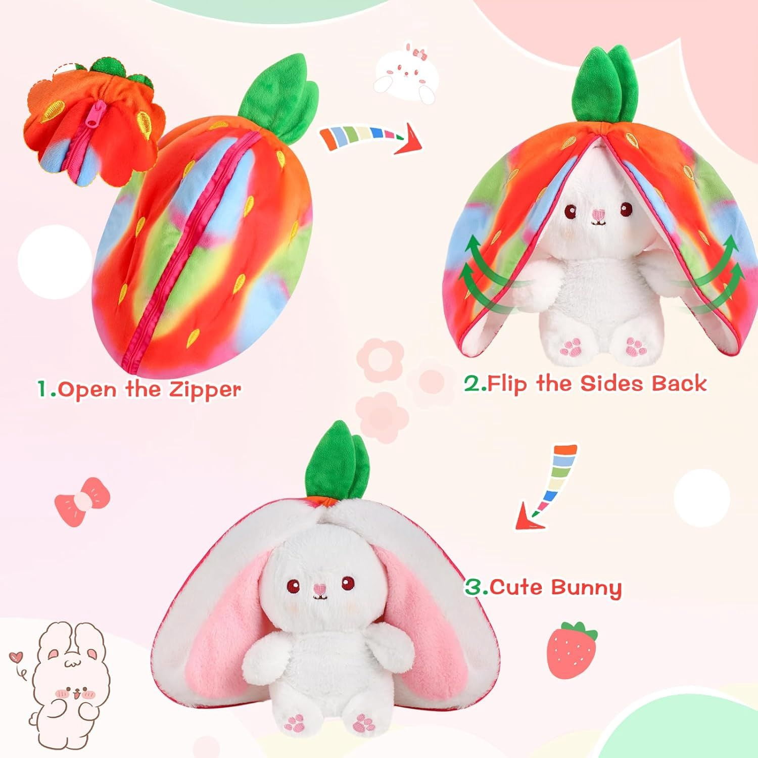 Kawaii Squishy Cute Easter Bunny Plush Turn Into Rabbit Fruit Doll Carrot Strawberry Pillow, Plushies Funny Bunny Toy for Baby