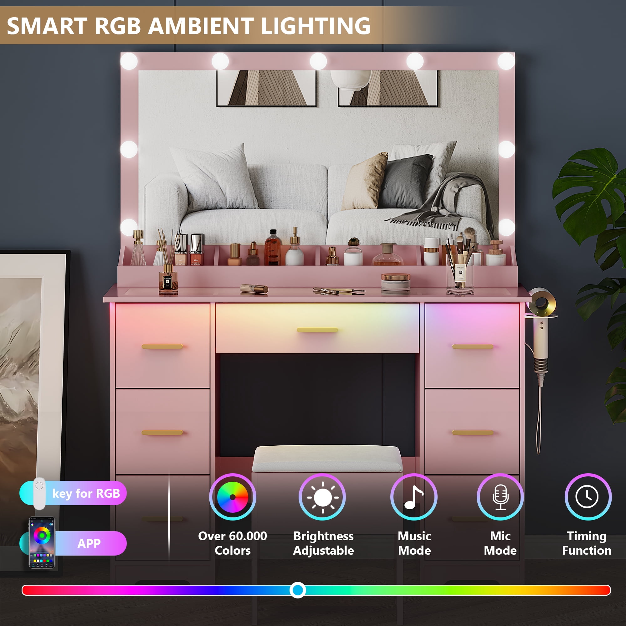 Vanity Desk with 38" Large Mirror and 9 LED Lights & Glass Top and Power Outlet, Adults Makeup Vanity with Chair and 7 Storage Drawers, Dressing Table Set for Bedroom, Modern Pink