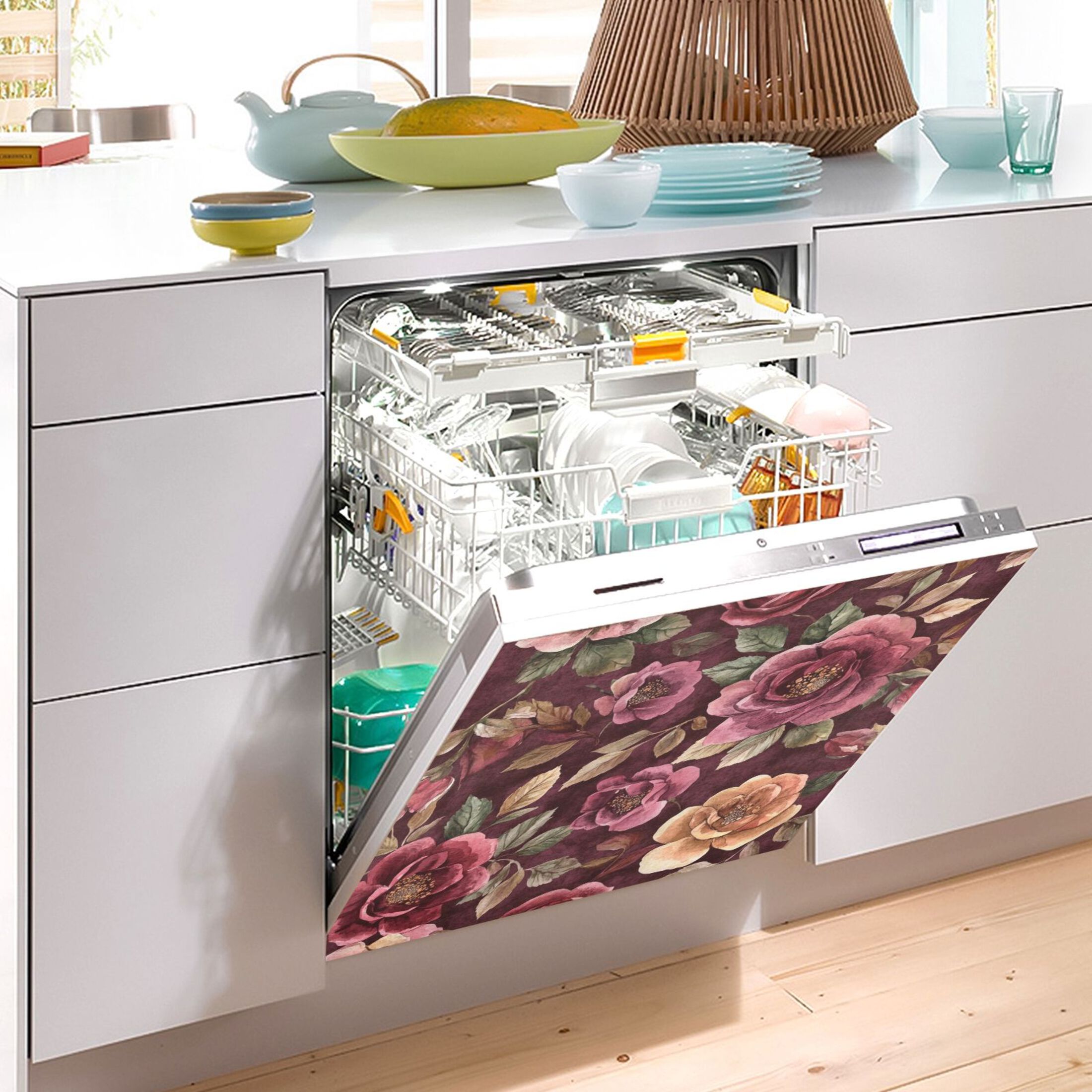 Dishwasher Magnetic Sticker 23x26 Inch Refrigerator Magnetic Sticker Washing Machine Magnetic Sticker Kitchen Panel Magnetic Sticker Home Decor Cartoon Maroon Roses Seamless