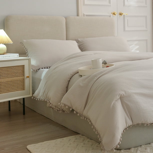 Move Over Linen Grey Comforter Set Queen Beige Grey Bedding Sets Pom Poms Pattern Microfiber