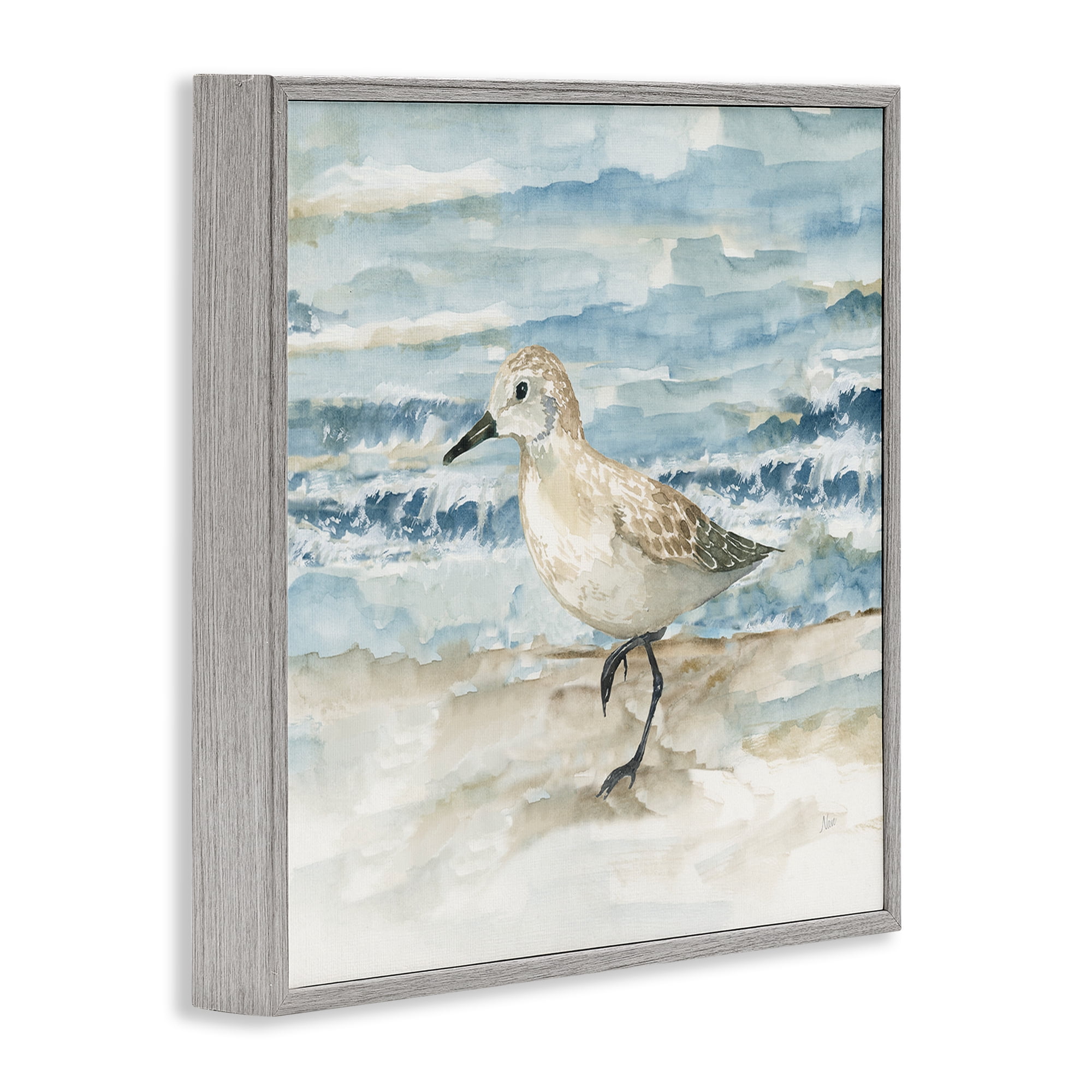 Stupell Industries Balancing Sandpiper on Shore Animals Painting Gray Framed Art Print Wall Art, 12 x 12