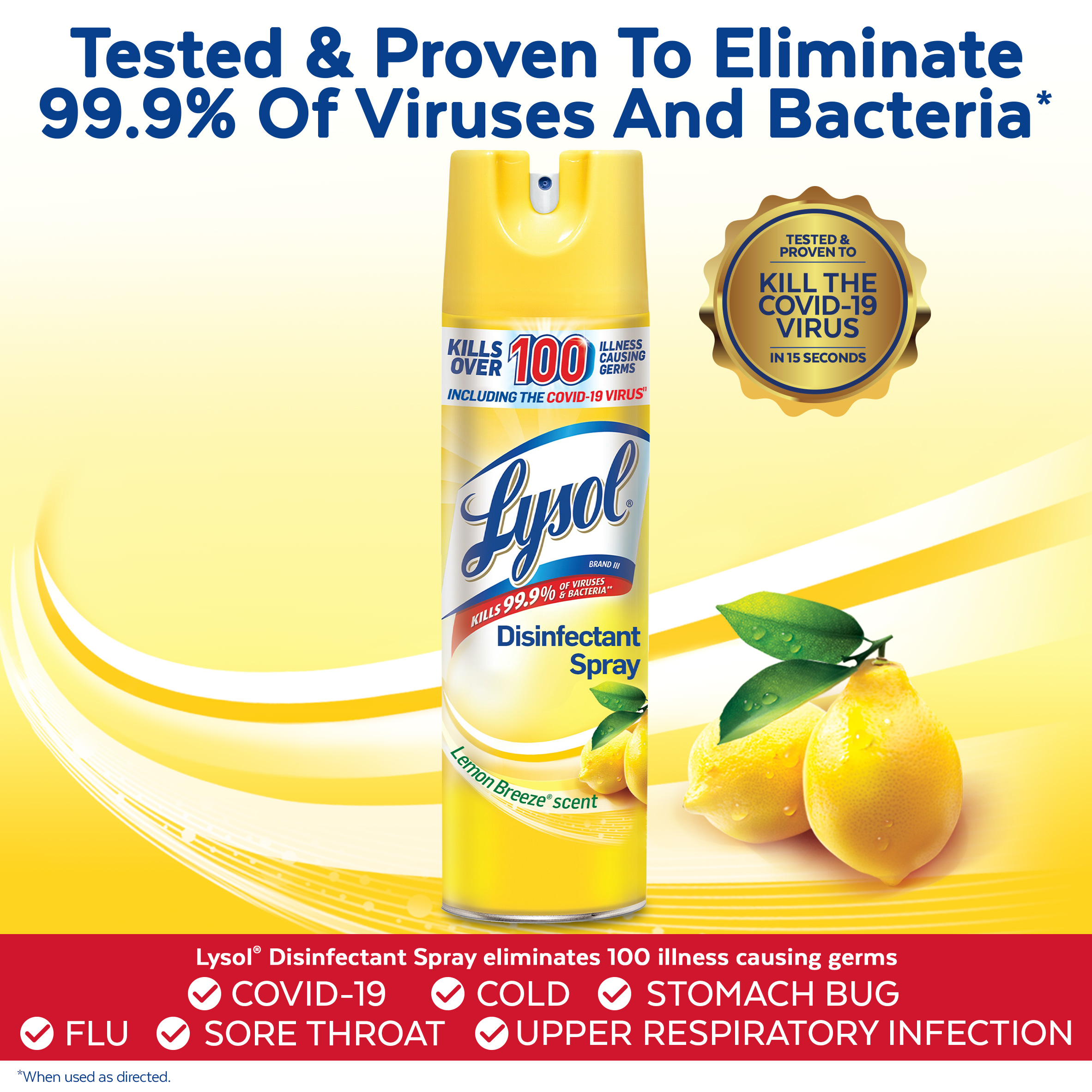 Lysol Disinfectant Spray, Lemon Breeze, 19oz, Tested and Proven to Kill COVID-19 Virus, Packaging May Vary​ - image 3 of 9