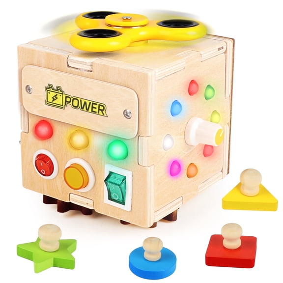 UUSUOO Busy Board with Led Light,Wooden Sensory Toys for Toddlers Boys Ages 1 2 3 Years Old, Educational Wooden Activity Cube,Travel Toys for 2 3 4   Year Old Boys & Girls Birthday Gift