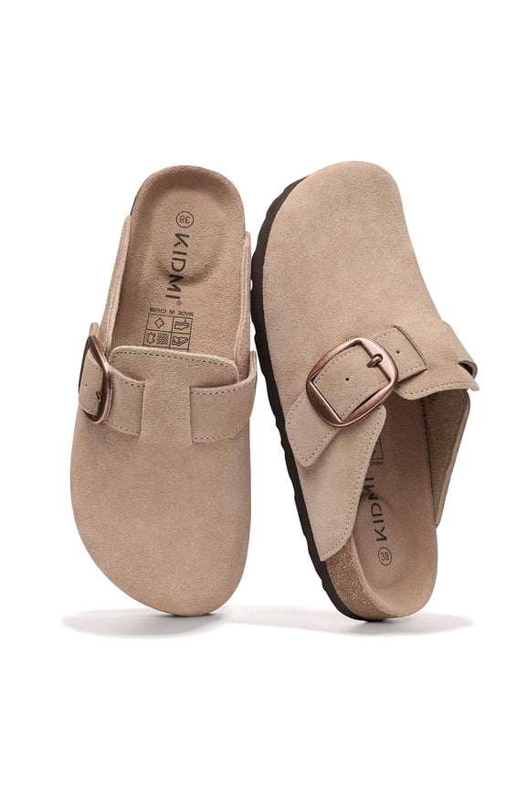Genuine Suede Clogs for Women, Memory Foam Cork Footbed Potato Slip on Leather Shoes, Taupe