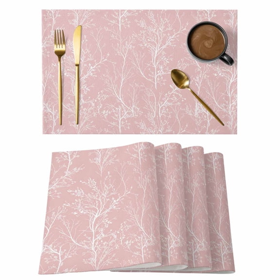 Pink Botanical Placemats Set of 8 Vintage Floral Plants Branch Place Mats Indoor Wipeable Table Mats Washable Cloth Dining Table Placemats for Kitchen Holiday Party Home Decor 13x19 Inch